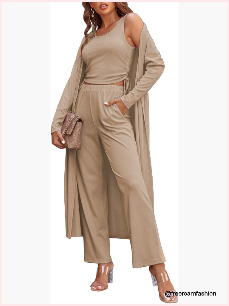 3 Piece Lounge Set Pajama Long Sleeve Cardigan Tank Top Pants Sweatsuit
